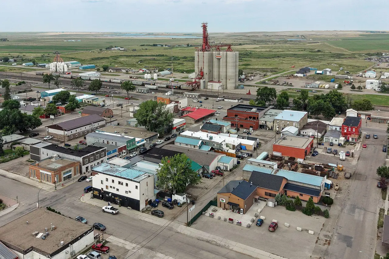 Aerial view of downtown and grain elevator, 2026